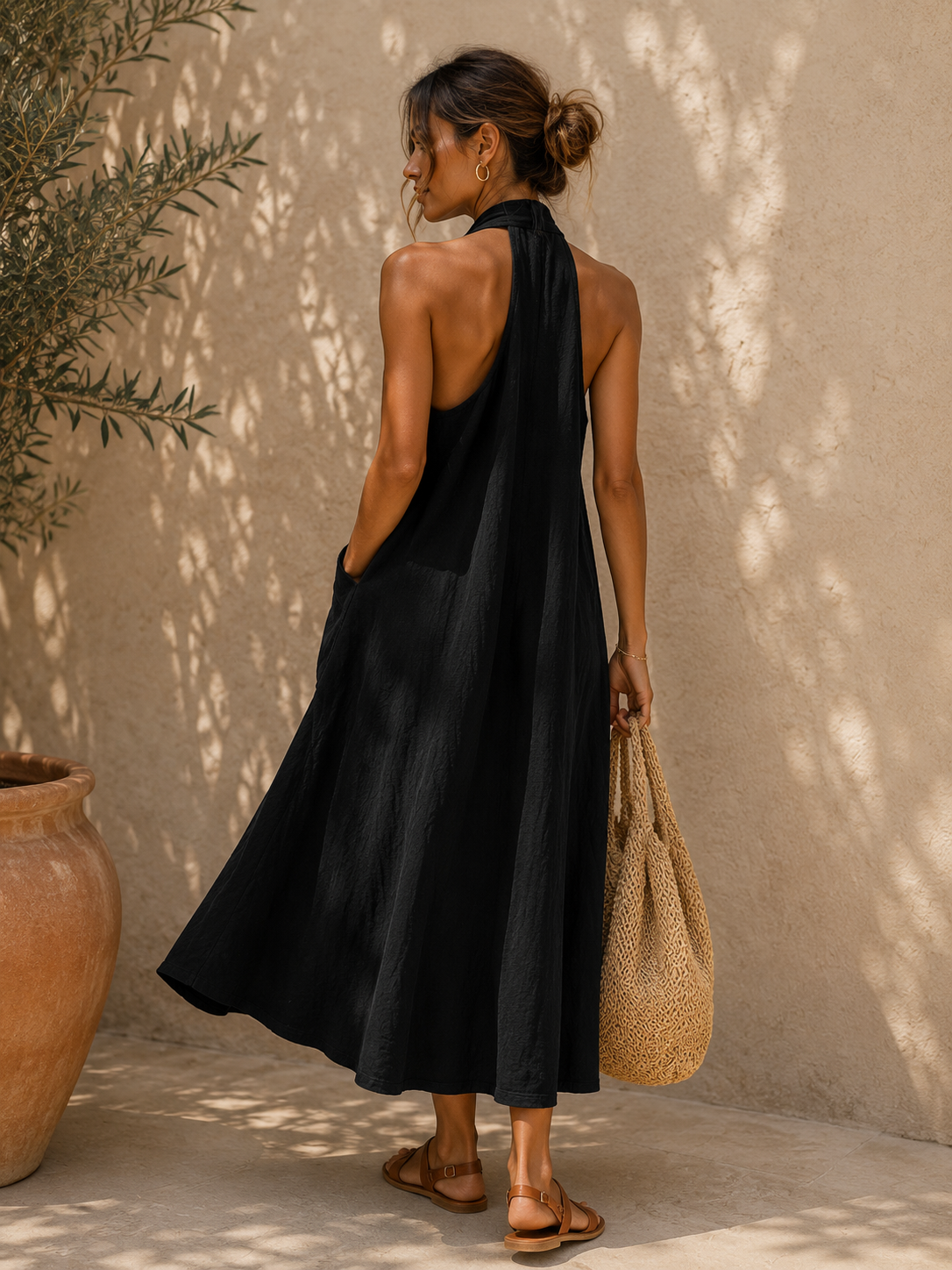 Halter Neck A-Line Linen Blend Maxi Dress