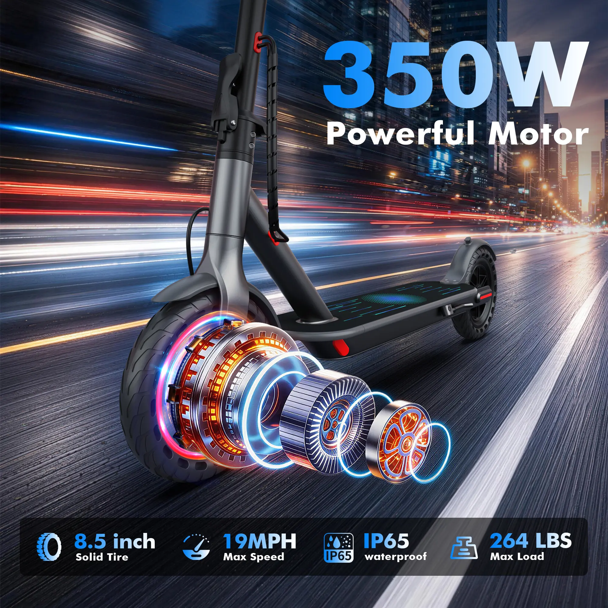 Foldable Electric Scooter, 350W Motor, 36V Battery, 19mph Max Speed, 12-15 Miles Range, 4-Speed, App-Controlled, Dual ABS Brakes, Portable Commuter E-Scooter