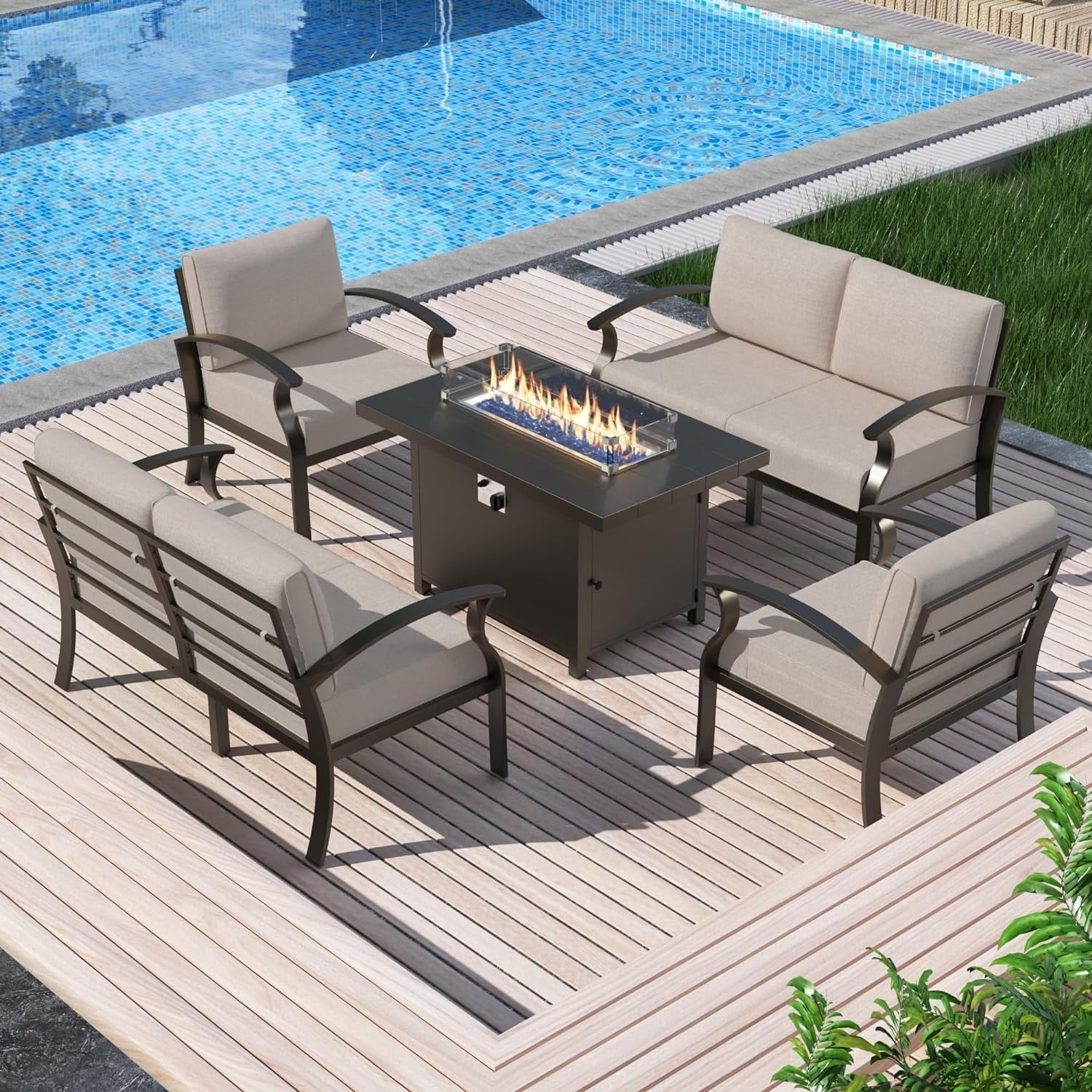 Kullavik Aluminum Outdoor Patio Furniture with Curved Armrests & Firepit Table