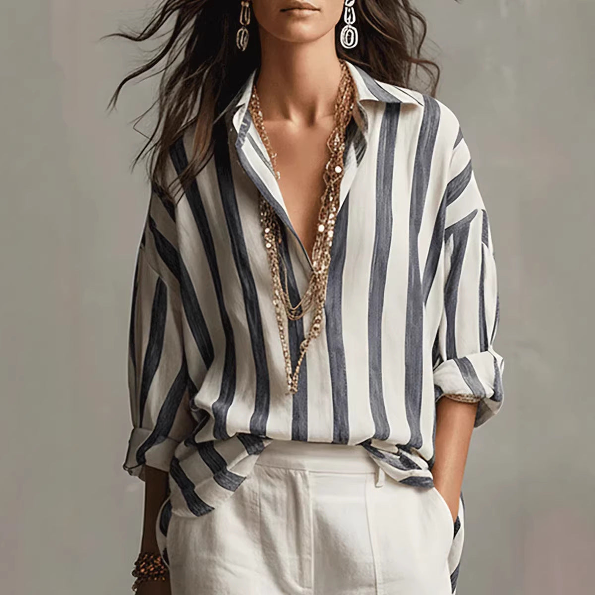 Relaxed Striped Button-Up Blouse