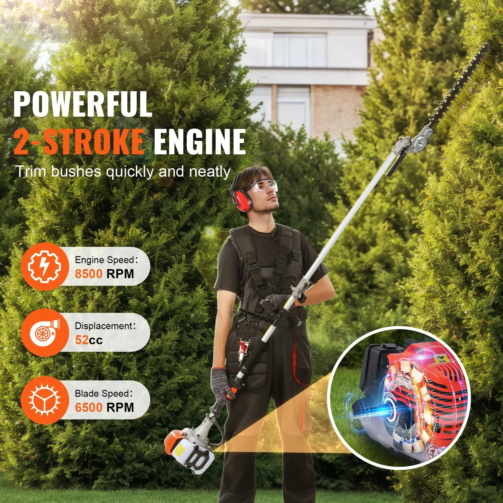 6‑in‑1 Multi‑Functional Trimming Tools, Gas Powered Hedge Trimmer, String Trimmer, Brush Cutter, Edger & Pole Saw Chainsaw Pruner for Shoulder Mount Use