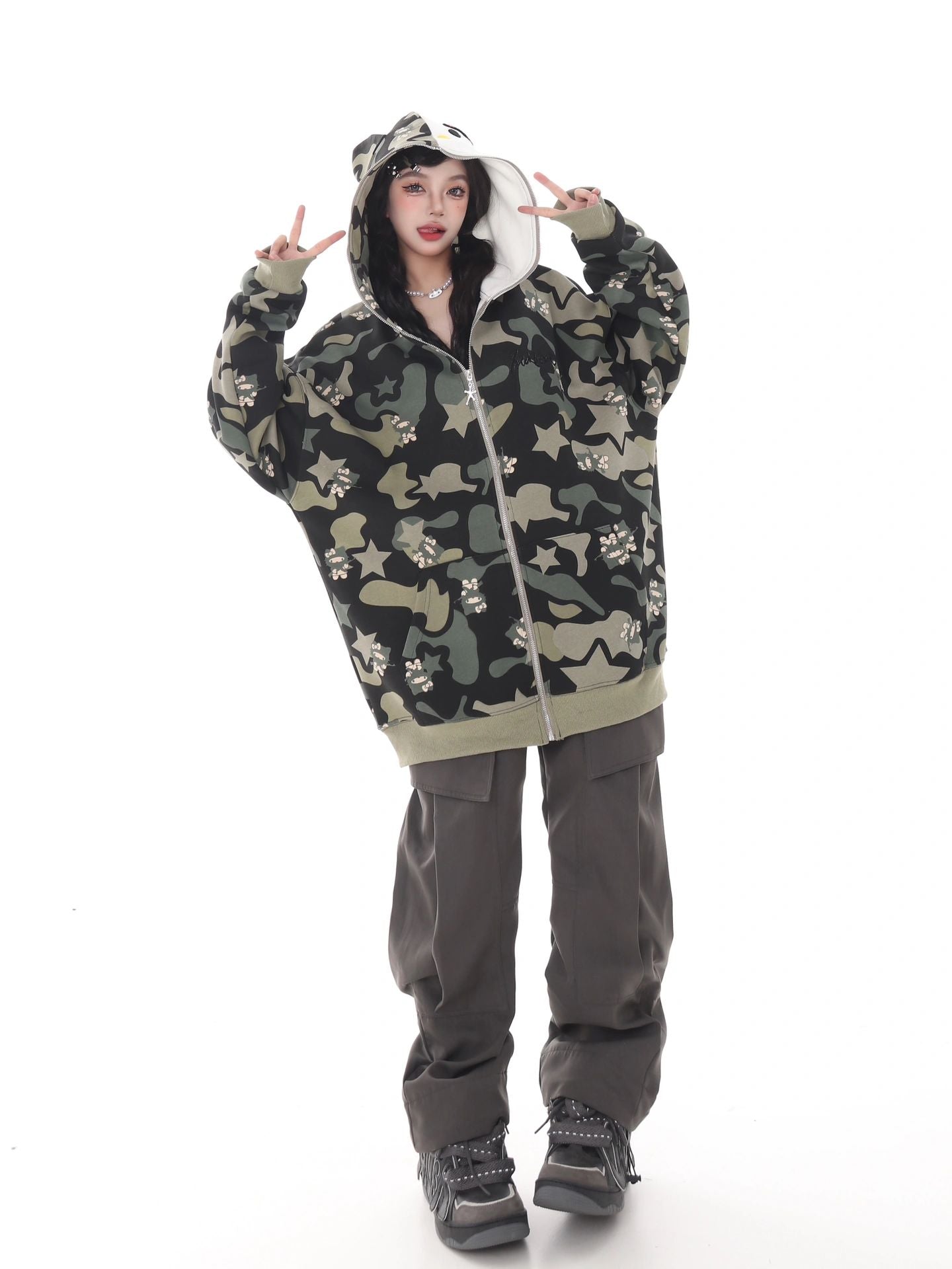 Hellokitty Camouflage Drawstring Zip Up Oversized Hoodies Jacket