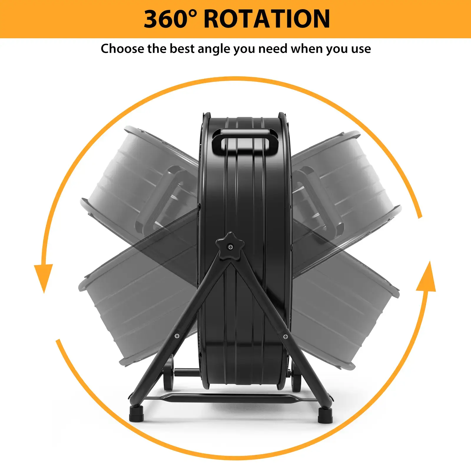 24 Inch High Speed Industrial Drum Floor Fan, heavy-duty full metal construction with 3 speeds and 360° tilt design. Built with portable handle and rolling casters for easy movement, powerful air circulation fan perfect for warehouse, garage
