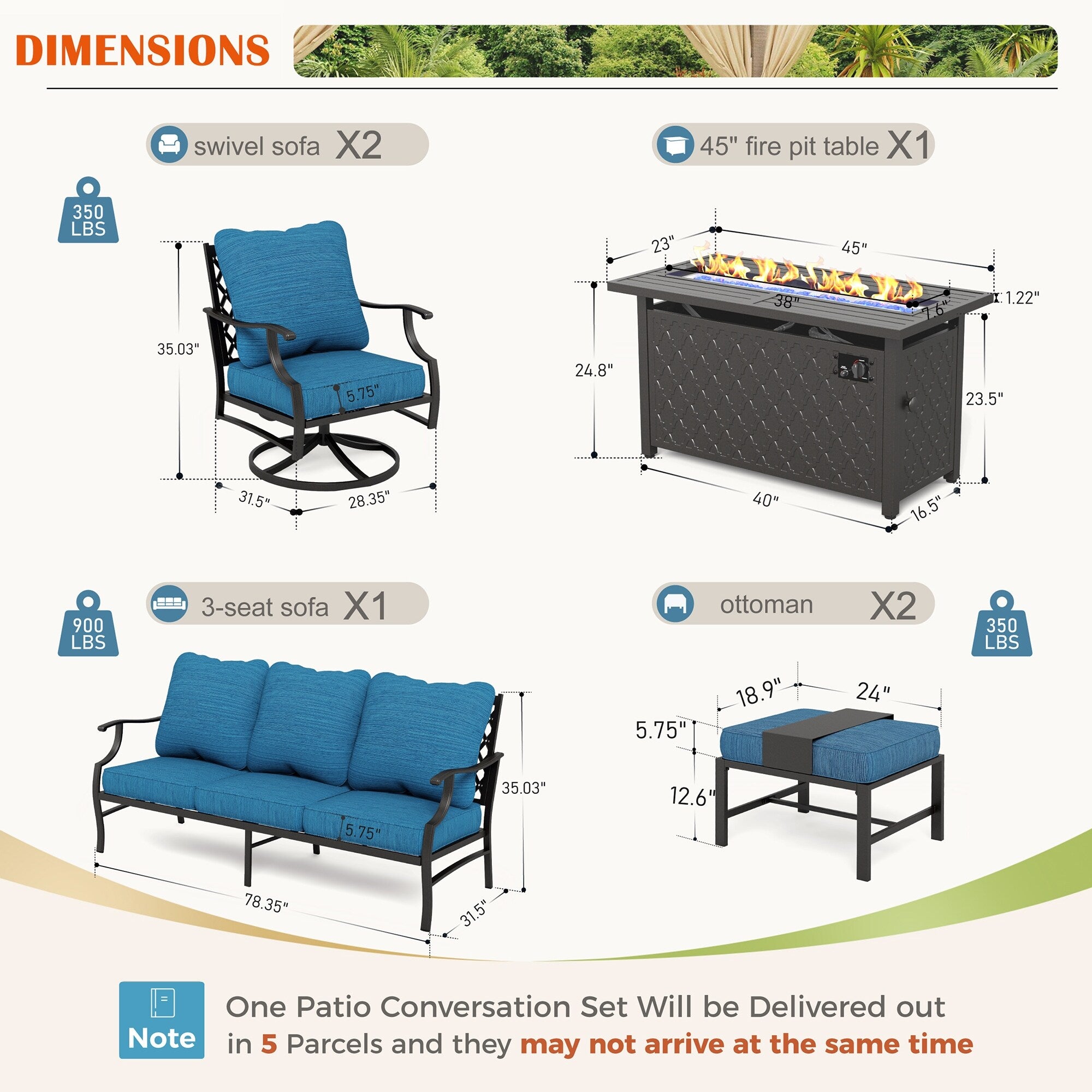 MAISON ARTS Outdoor Sofa Set 4/6-Piece Patio Conversation Set with 45'' Gas Fire Pit Table