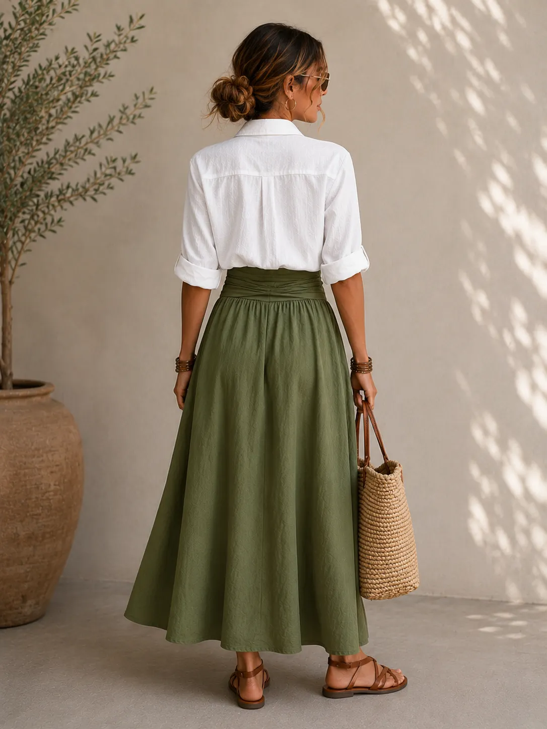 Casual Button-Up Shirt & Tie Waist Maxi Skirt Set