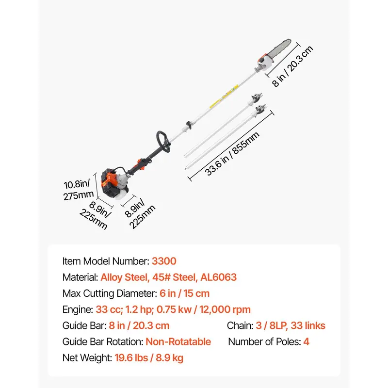 33CC Gas Pole Saw Chainsaw Kit - 8in Bar, 6.7-11.6ft Pole