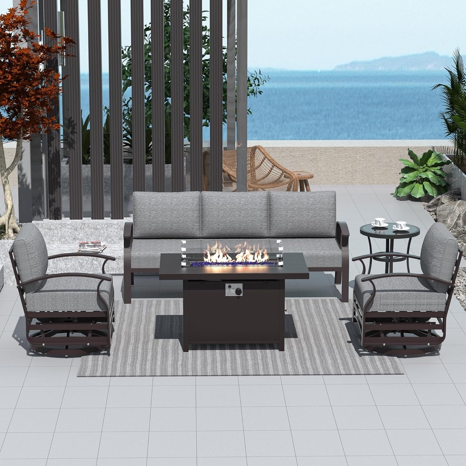 Kullavik Aluminum Outdoor Patio Furniture with Curved Armrests & Firepit Table