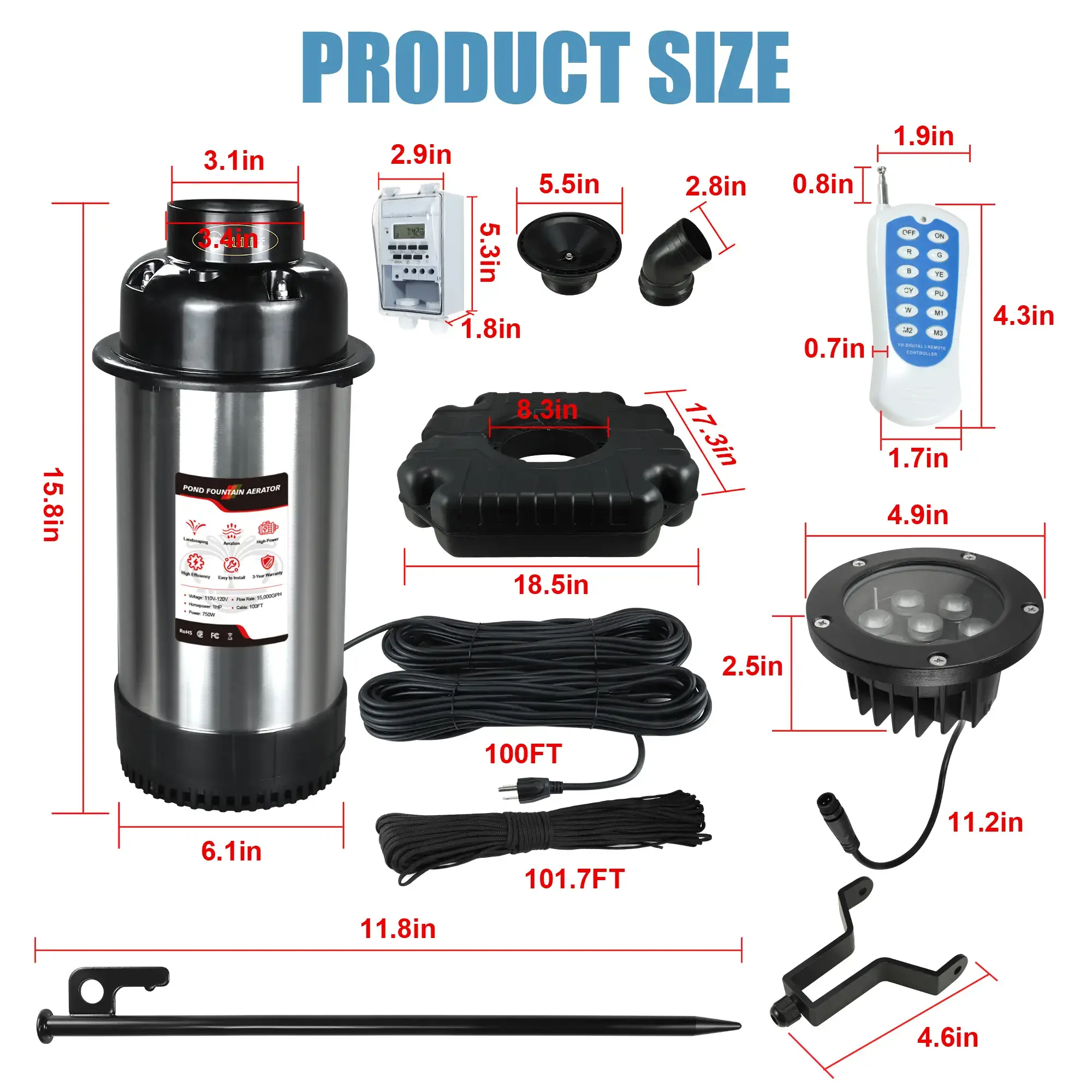 Pond Fountain Aerator, F3 With 4 RGB Lights, 1HP 750W 110V Stainless Steel Floating Fountain With 100FT Power Cord, Octagon Aerating Fountain Pump for Small Large Pond Lake Pool Bay Fish farm