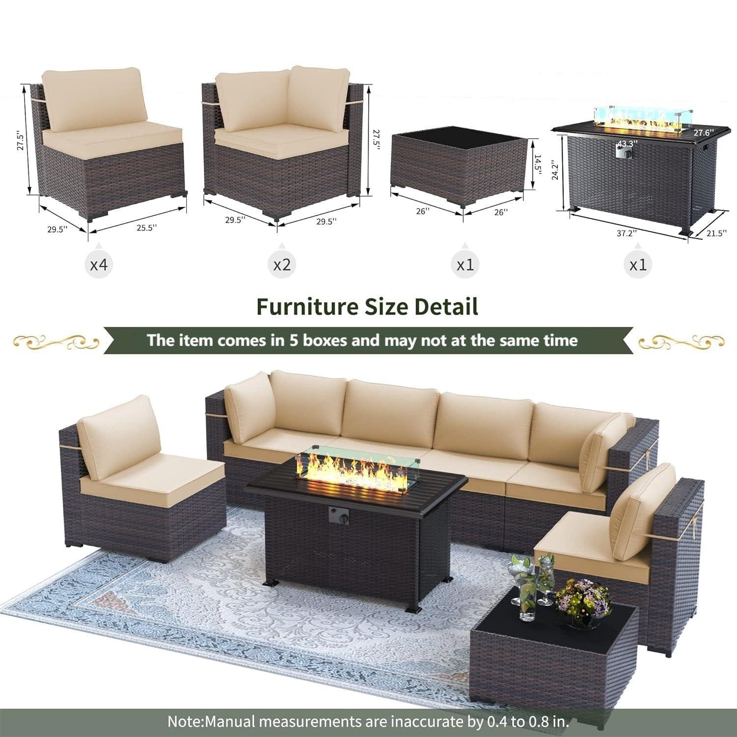 Outdoor Rattan Sectional Sofa Set, Patio Furniture Conversation Set with Fire Pit Table