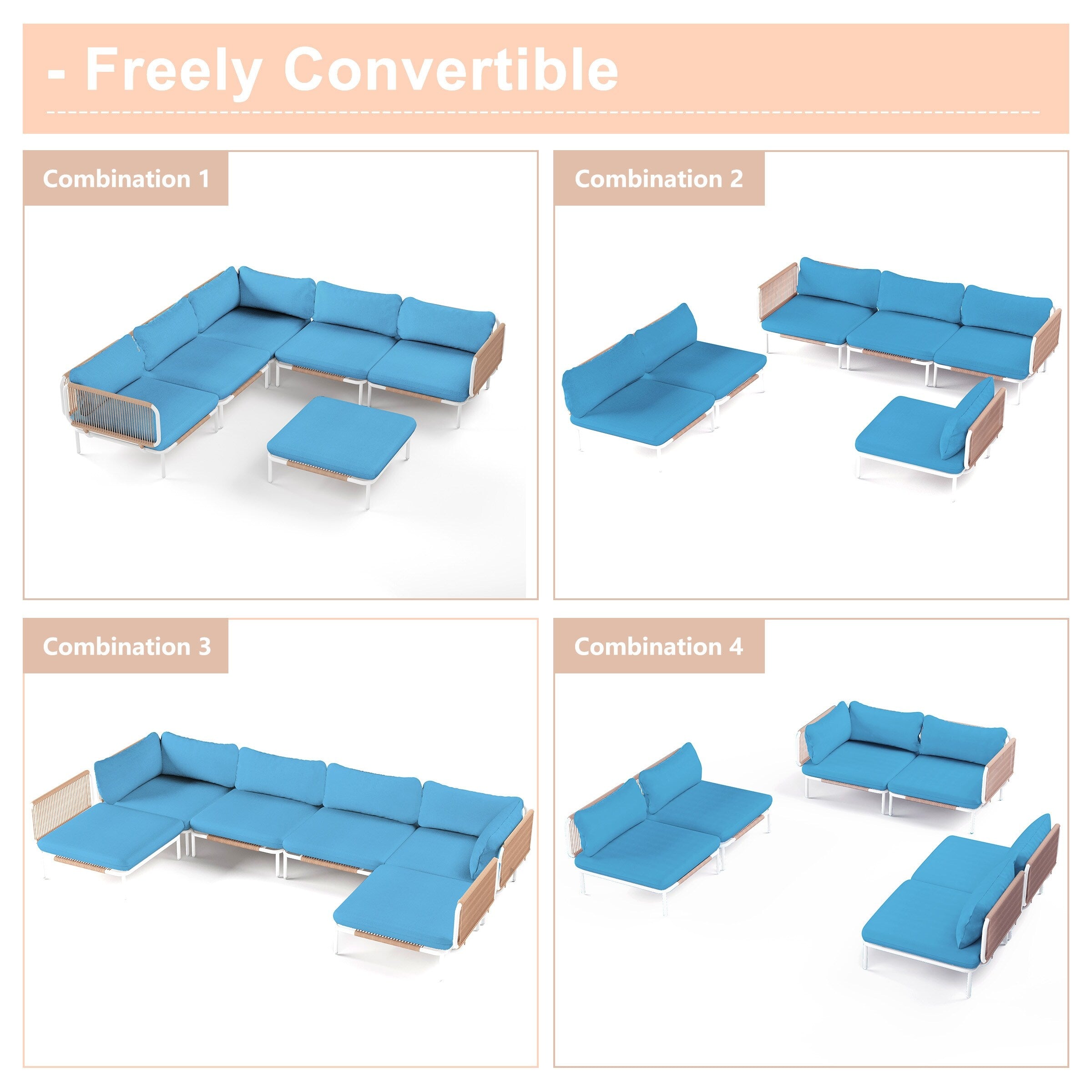 Outdoor Cushioned Sectional Sofa Chat Set Patio Furniture Conversation Set, Free Combination
