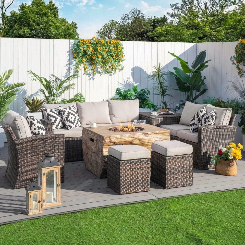 7-piece Patio Wicker Garden Chat Sofa Set with Fire Pit Table and Storage Box