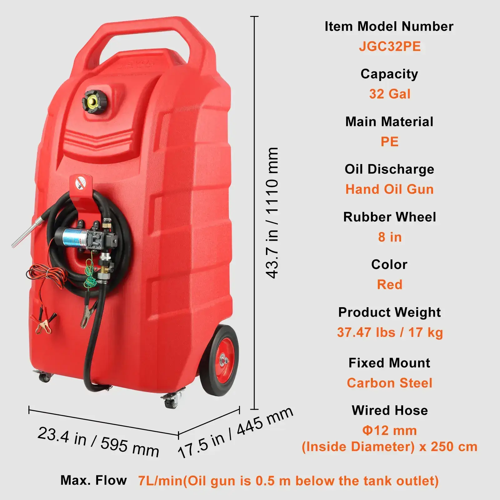 Fuel Caddy,, 32 Gallon, Portable Fuel Storage Tank On-Wheels, with 12V DC Transfer Pump, Gasoline Diesel Fuel Container with 8.2 ft Hose, Flow Rate 7L/min, for Trucks, Boats, Lawn Mowers