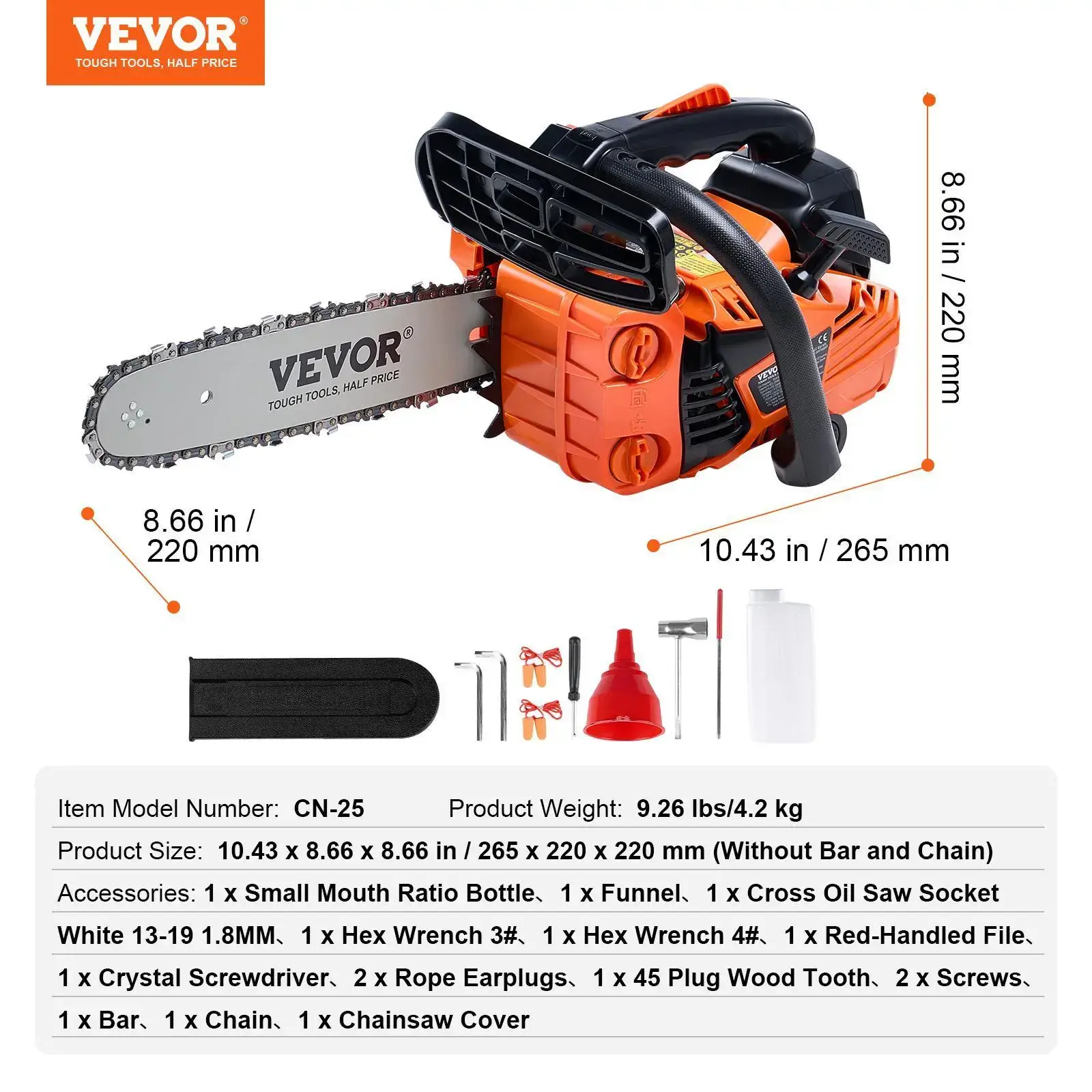 Gas Chainsaw 12-inch 25.4CC 1.2HP Handheld Tree Cutting Tool