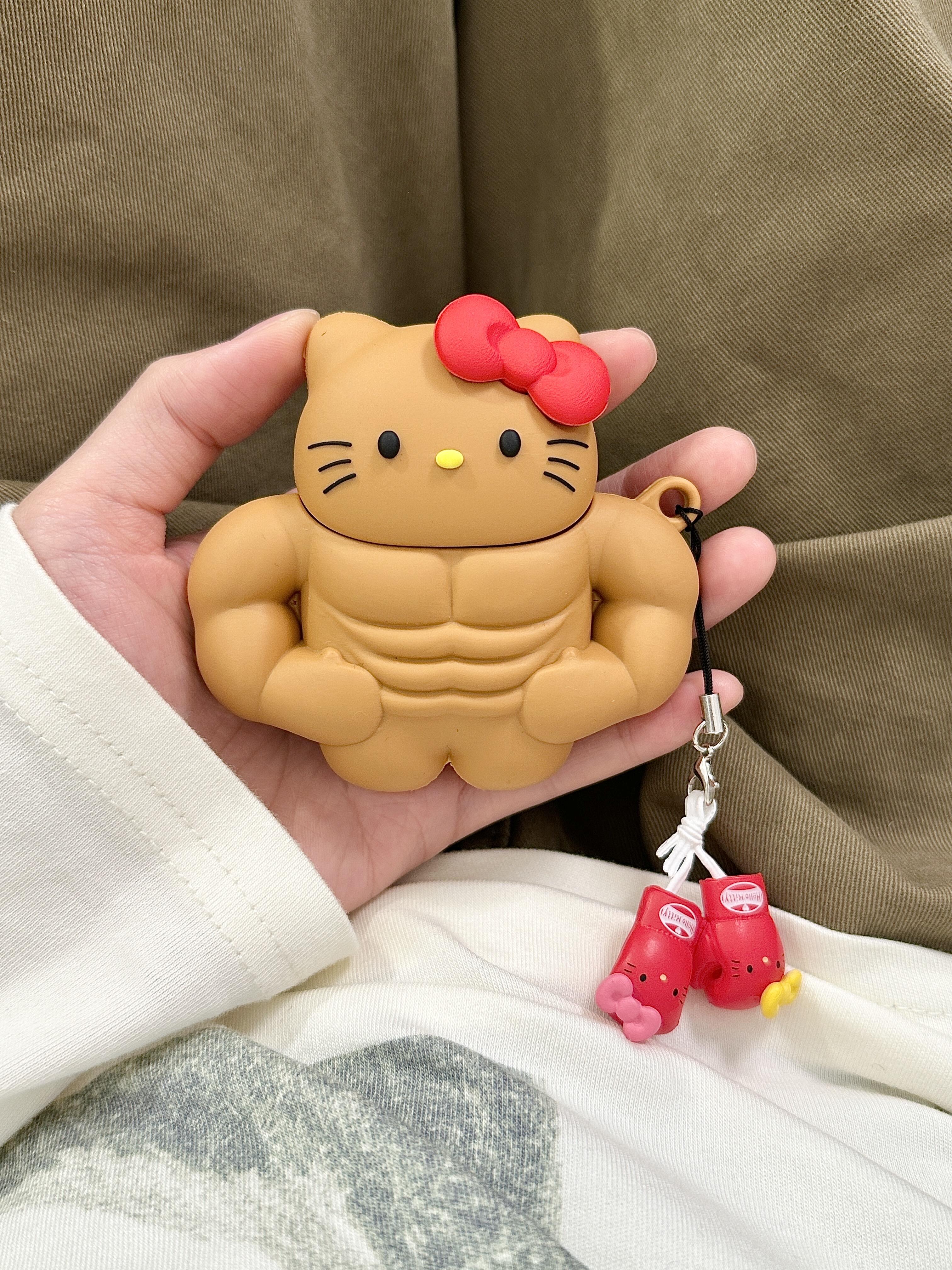 Tan Hellokitty Muscle Fitness Shape Silicone Headphone Case Airpods with Chain
