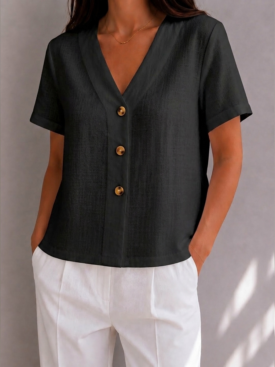 Button Detail V-Neck Linen Blend Blouse