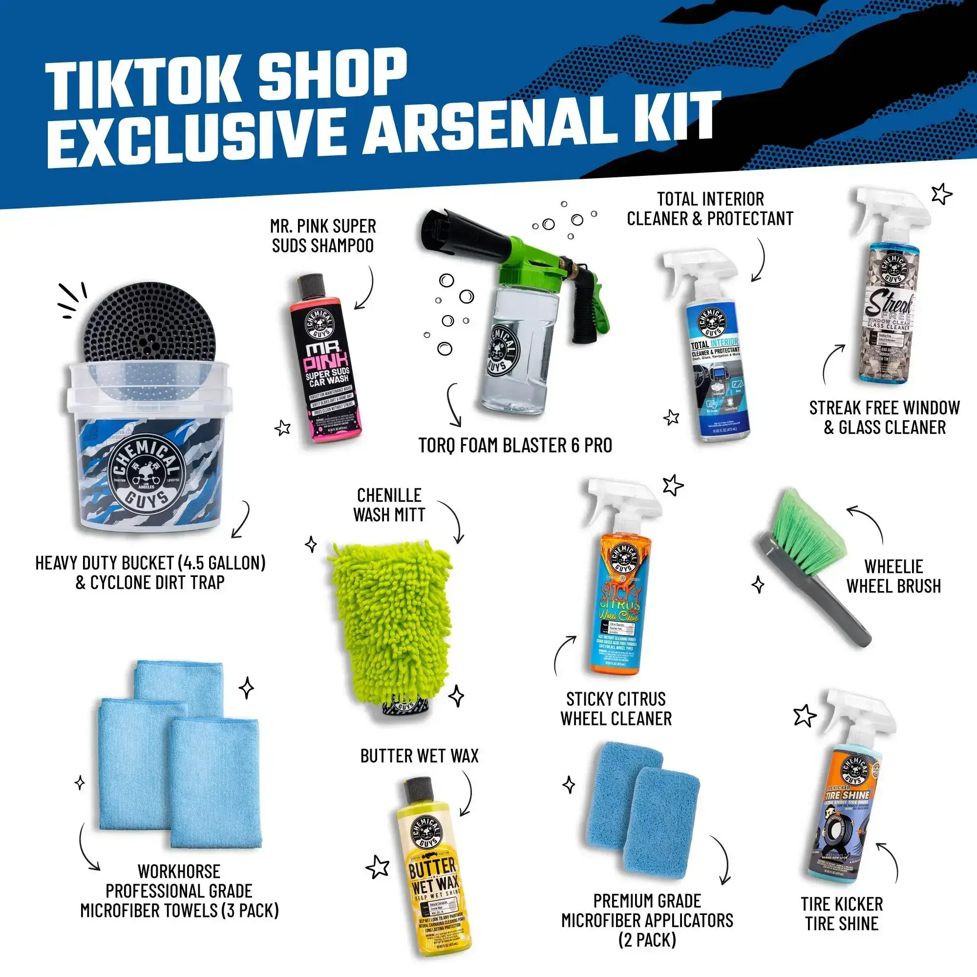 16-Piece Car Wash and Interior Cleaning Kit – Includes Camouflage Bucket, Torq Foam Cleaner, Premium Car Wash Soap, Microfiber Cloths, and Car Wash Accessories