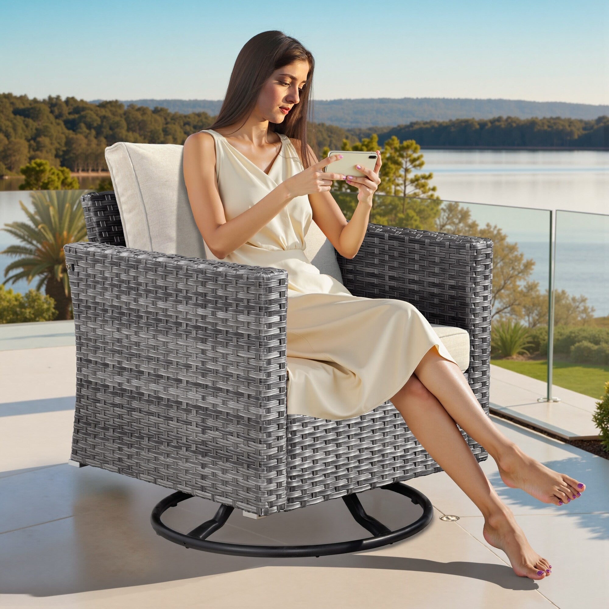 XIZZI 9 Pieces Patio Wicker Furniture Swivel Rocker with Firepit Table