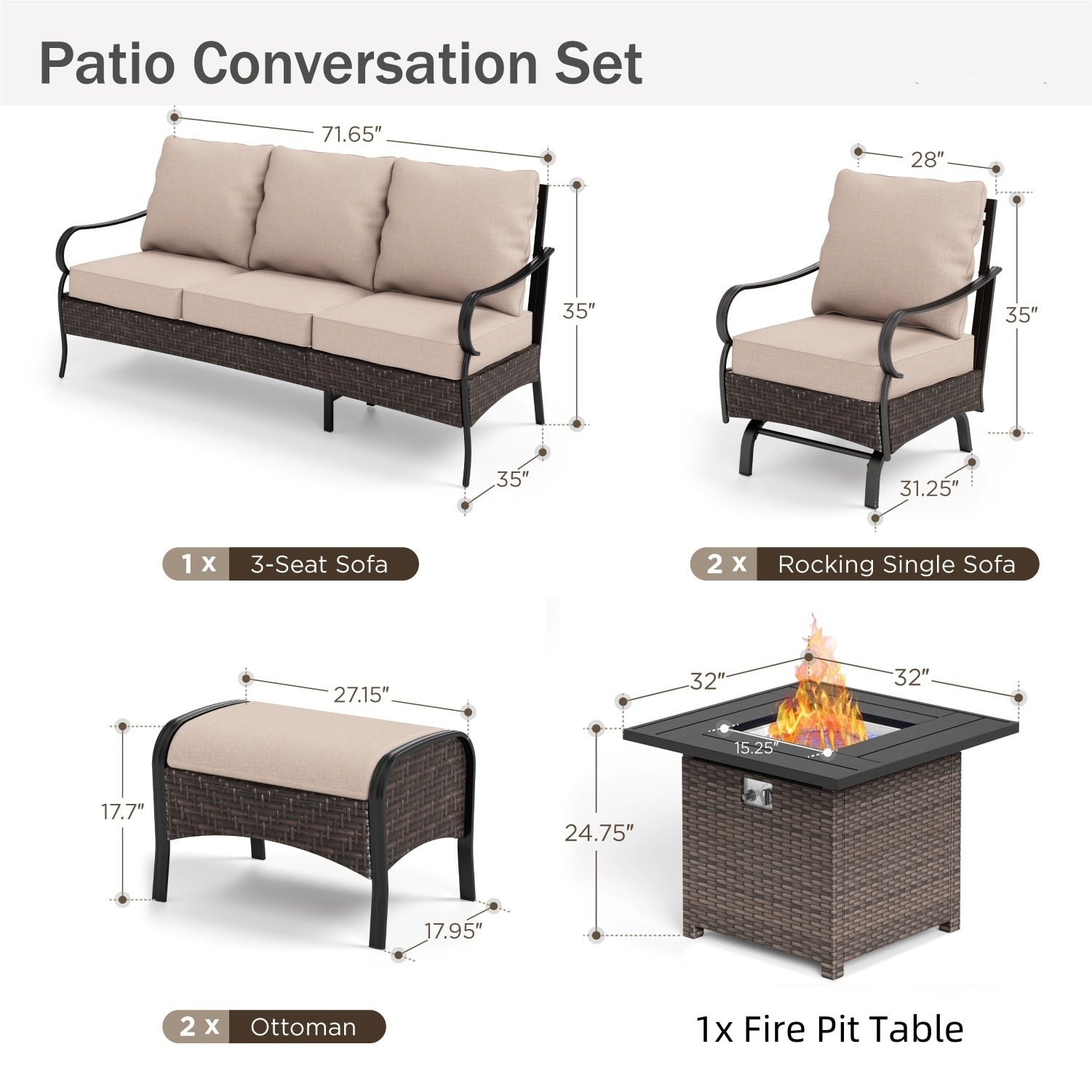 MAISON ARTS Oversized 6-Piece Outdoor Patio Set with Fire Pit - 3-Seater Sofa, 2-Seater Sofa, Swivel Chairs, Ottomans (Beige)