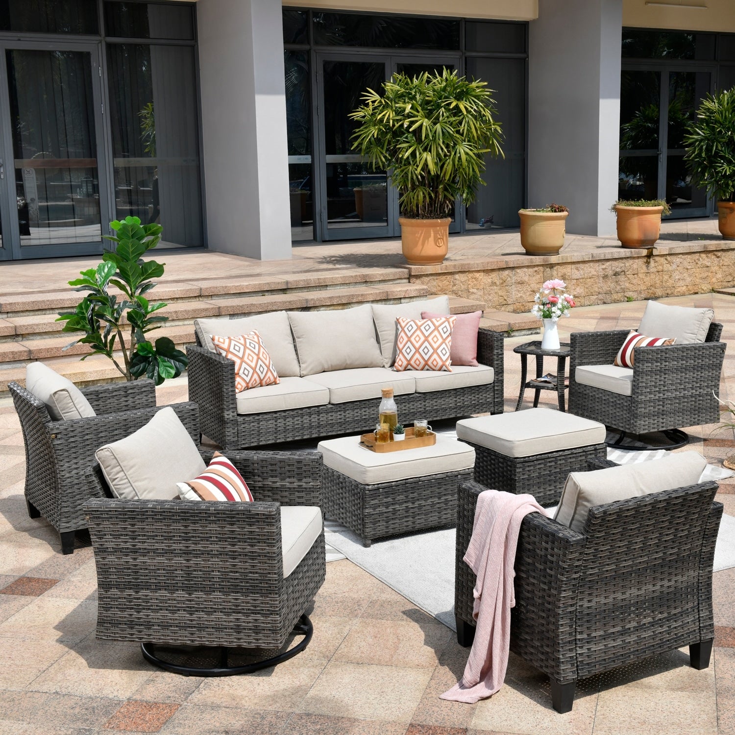 OVIOS 8-piece Patio Wicker Conversation Furniture Set with Swivel Chairs