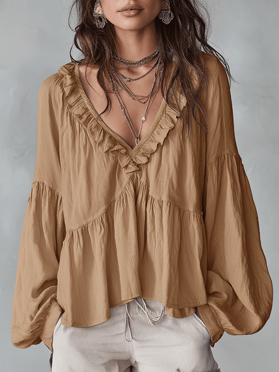 Ruffle Trim V-Neck Peasant Blouse