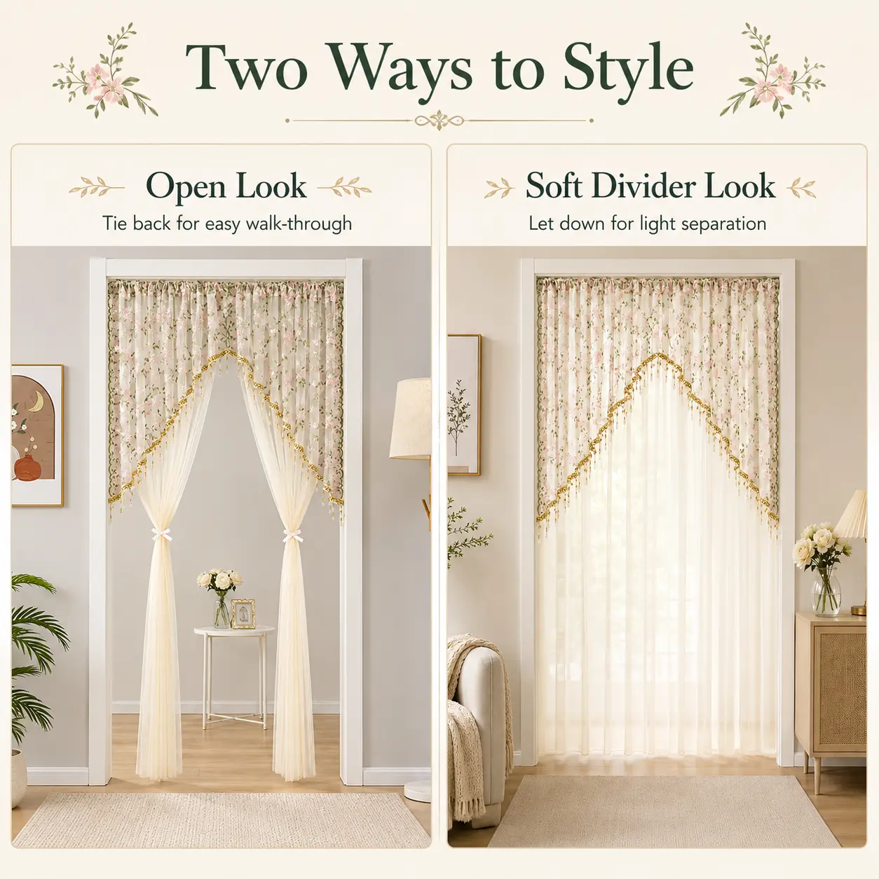 Sheer Floral Door Curtain with Tassel Trim