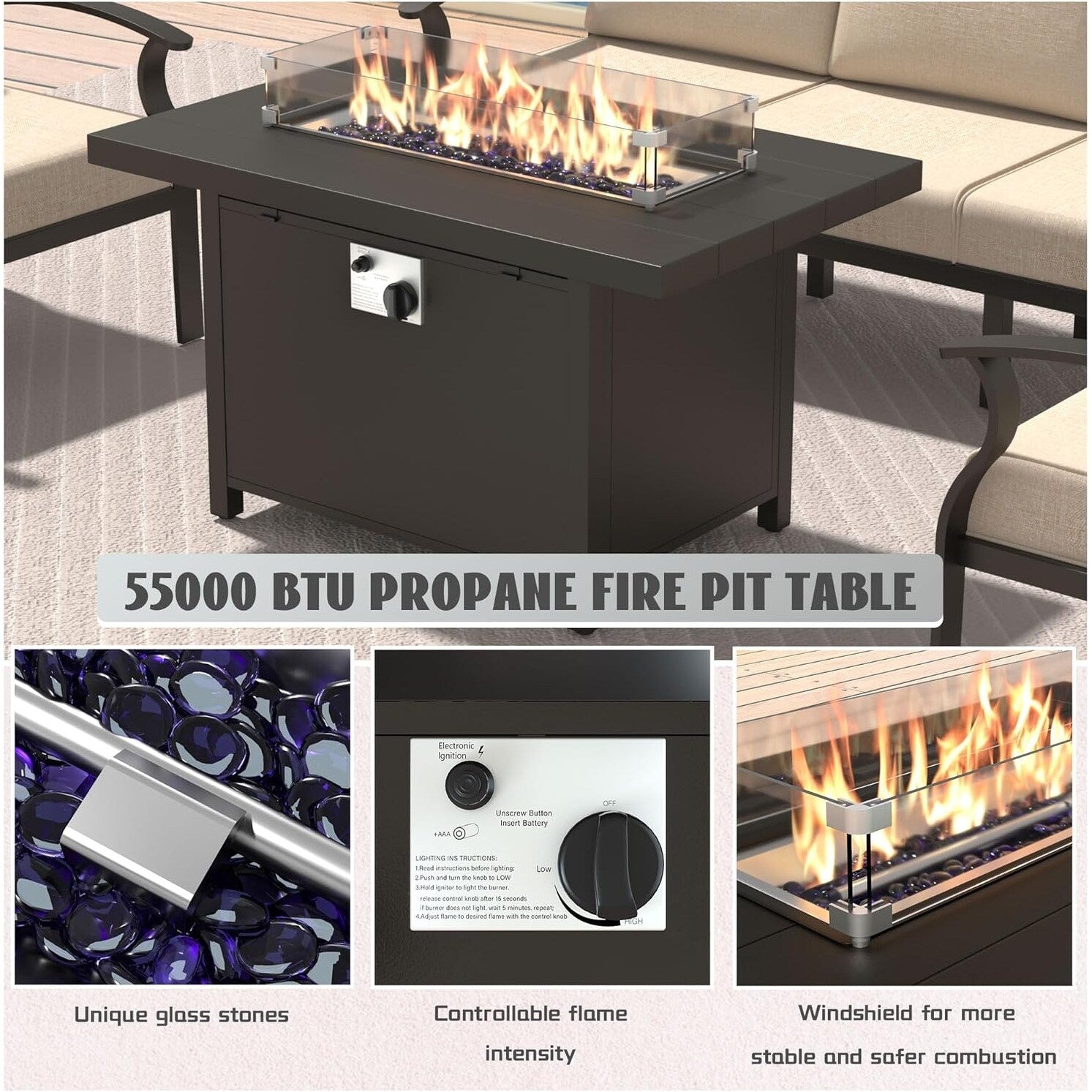 Kullavik Aluminum Outdoor Patio Furniture with Curved Armrests & Firepit Table