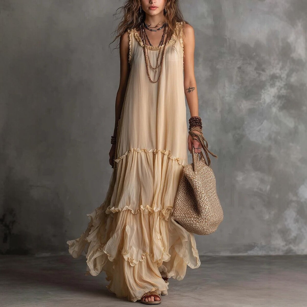 Boho Tiered Ruffle Chiffon Maxi Dress – Sleeveless Flowy Beige Summer Sundress for Women