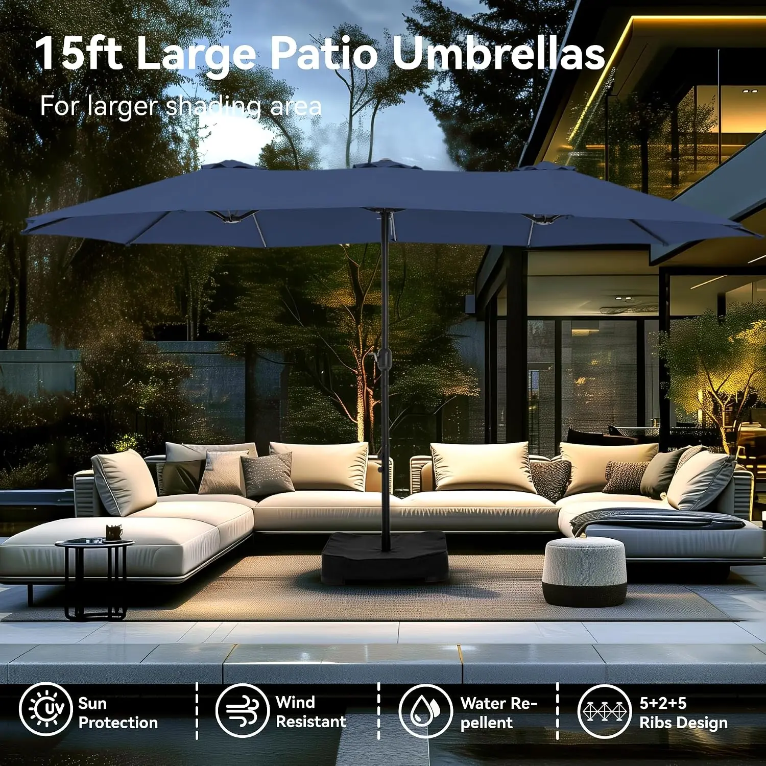 Large Outdoor Patio Umbrella 15ft with Weighted Base for Garden, Poolside, and Beach