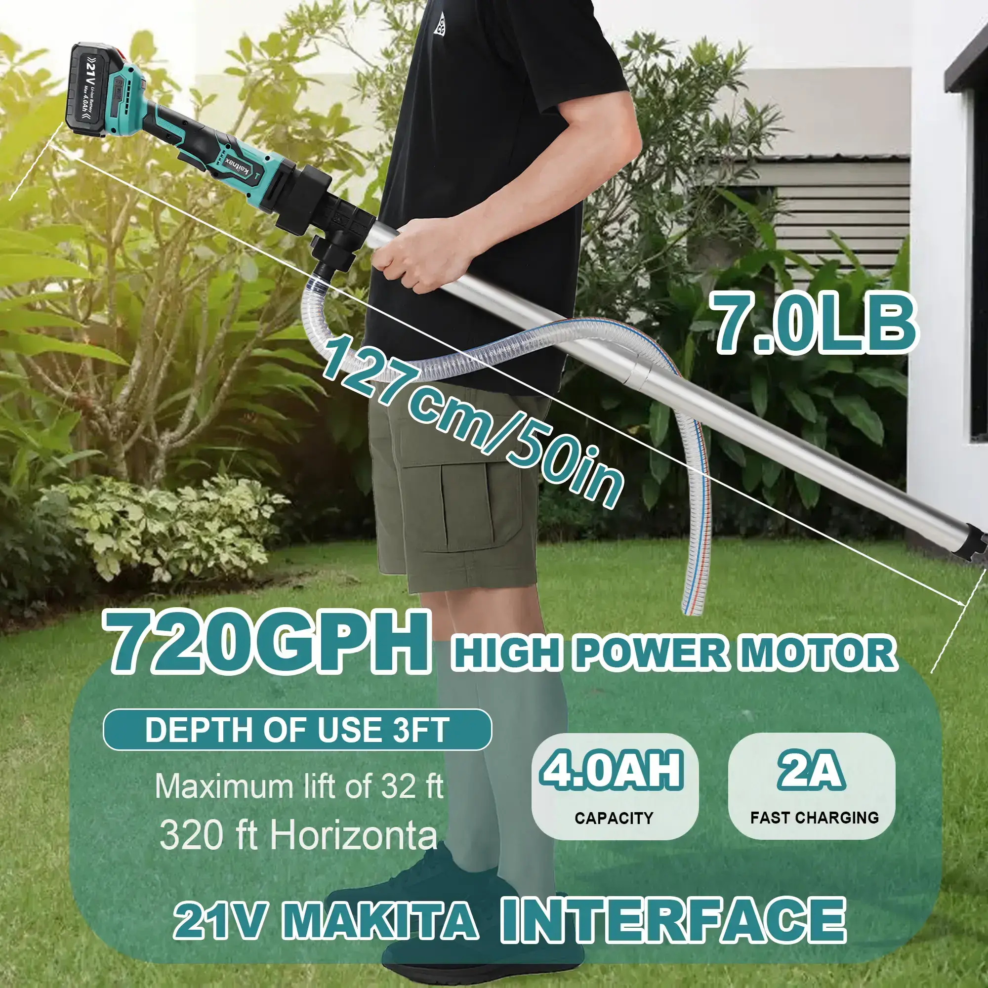 Cordless Stick Water Transfer Pump, with 4000mAh 21V Battery & Charger, 720GPH, 32FT Head, Handheld Portable Utility Sump Pump Kit with 3/4