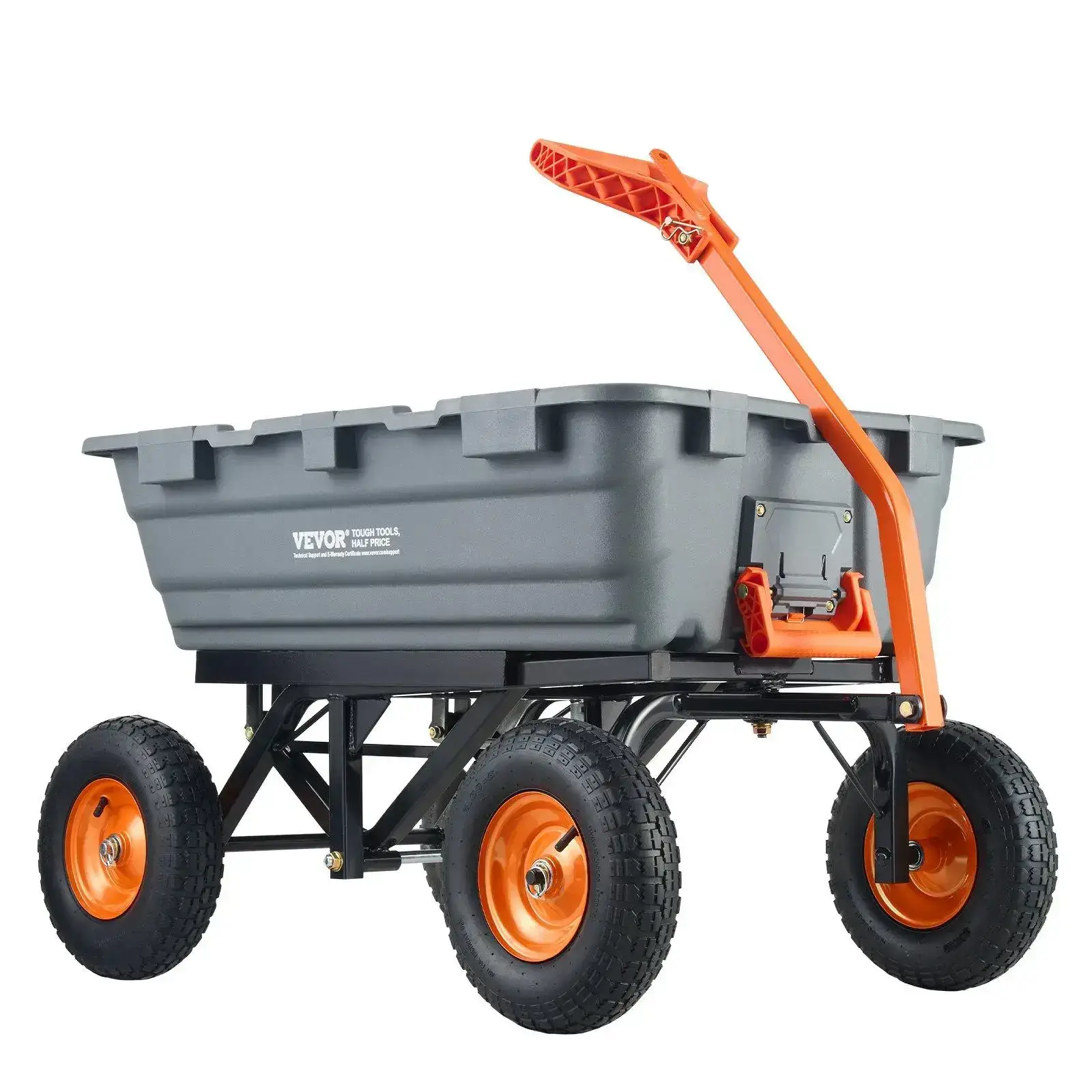 Polyethylene Garden Dump Cart – Features an easy-to-assemble steel frame, a 2-in-1 convertible handle, and 13-inch tires; 1,500 lb maximum load capacity.