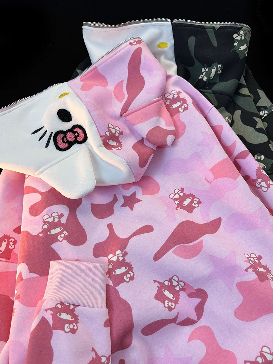 Hellokitty Camouflage Drawstring Zip Up Oversized Hoodies Jacket