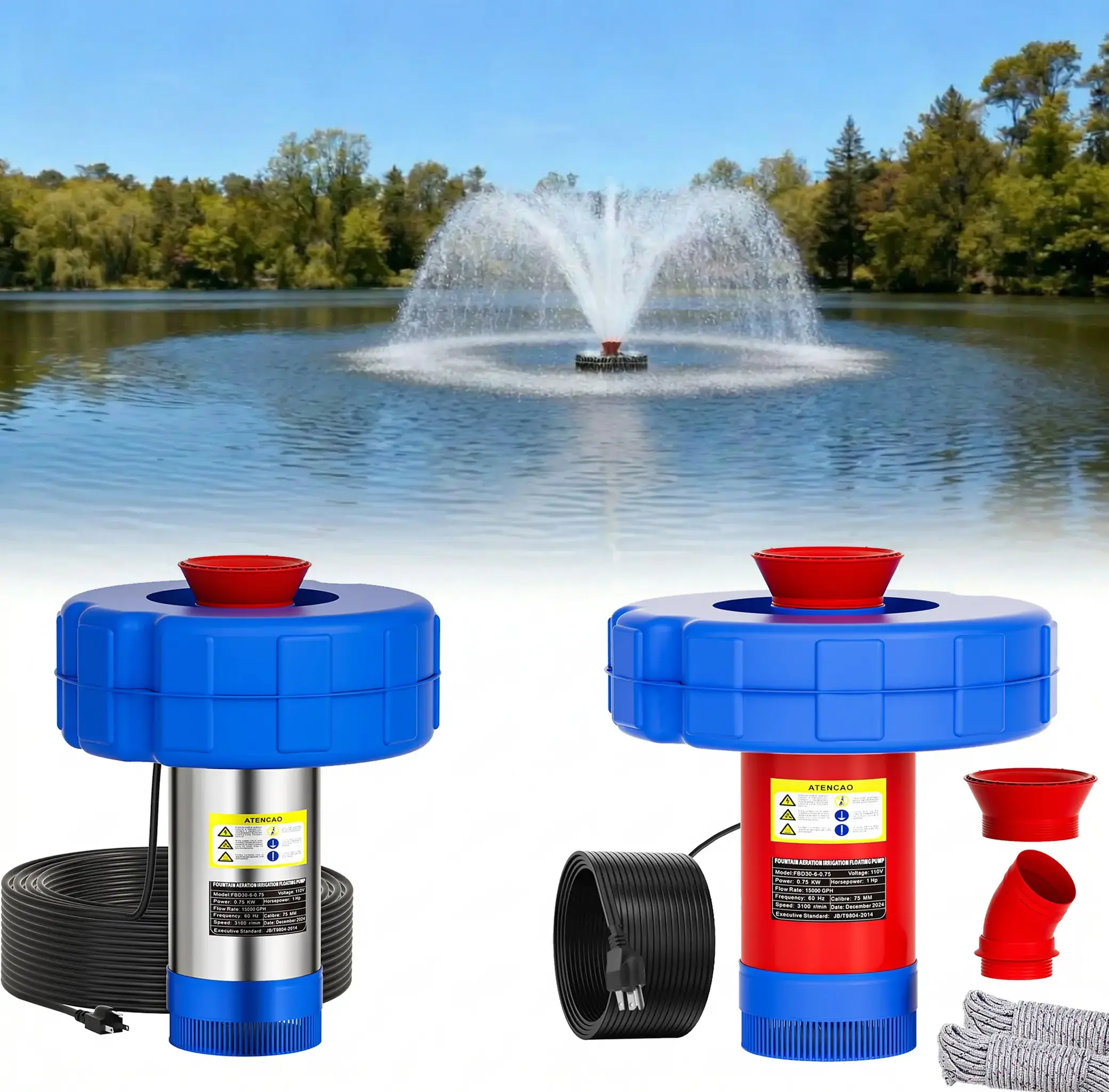 Pond Fountain Aerator  1HP 110V 750W 15000 GPH Floating Fountain Pump with 100 FT Power Cord  2 x 100 FT Rope Timer  Fully Automatic Powerful Aerating Fountain for Larger Ponds, Lakes