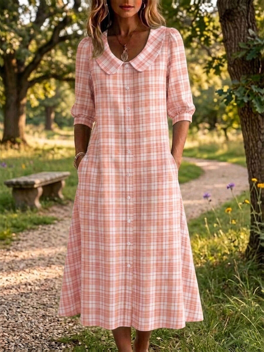 Clearance Sale🔥 Women's Retro Peter Pan Collar Stripe Print Cotton Linen Dress