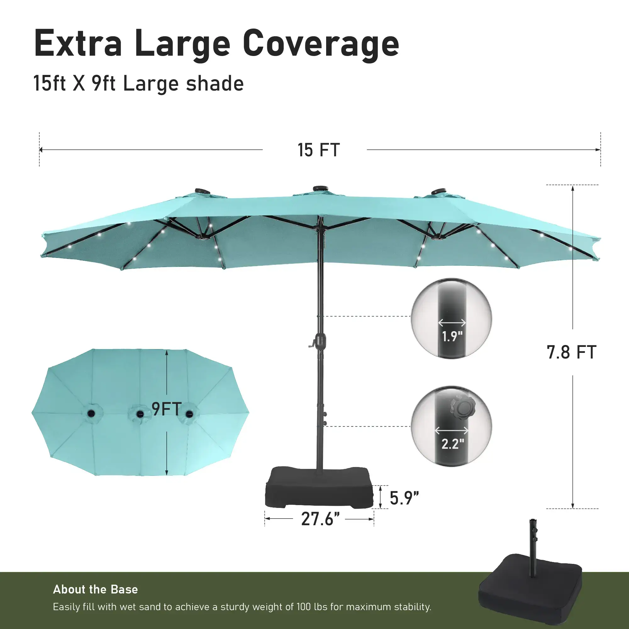 15ft Large Outdoor Patio Umbrella with Base – LED Light Option, Double-Sided, Crank Handle, Waterproof，Comes with Weighted Base and Sandbag, Accommodates 10 People, Great for Poolside, Garden, Lawn, Backyard, Deck and Beach