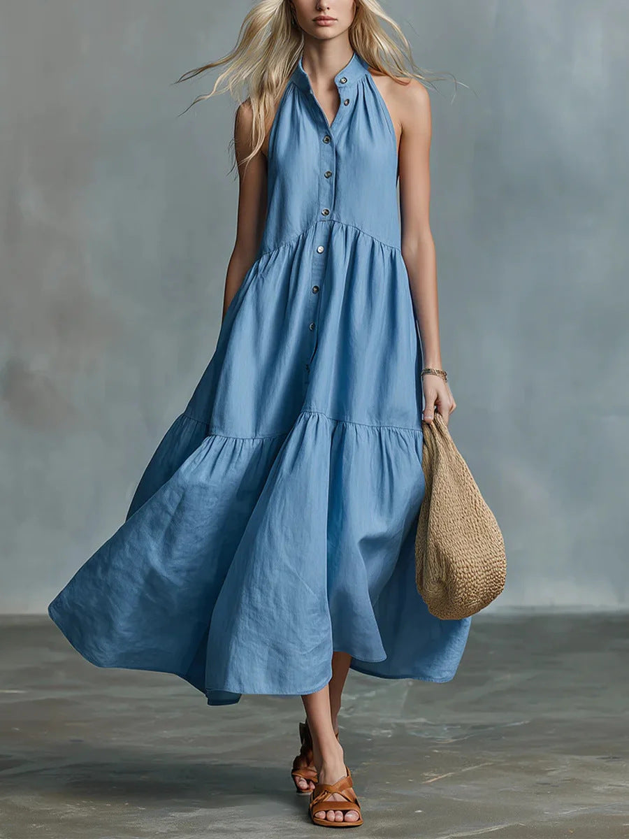 Sleeveless Casual Loose Linen Button Vest Dress