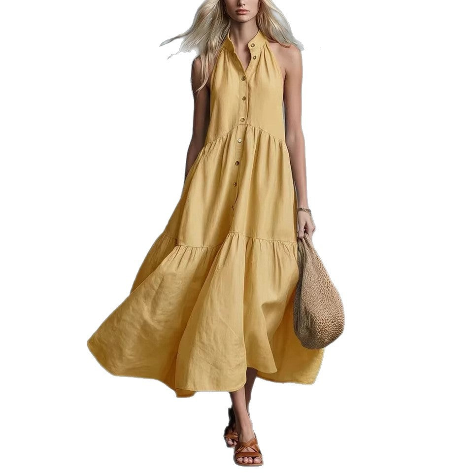 Sleeveless Casual Loose Linen Button Vest Dress