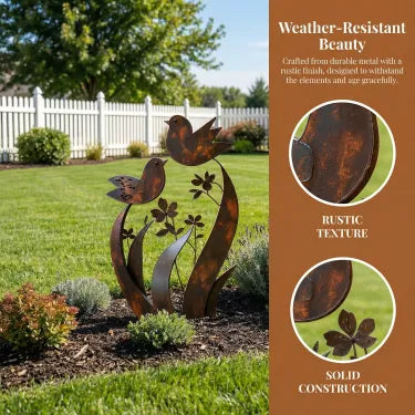 Bird & Wildflower Metal Garden Stake