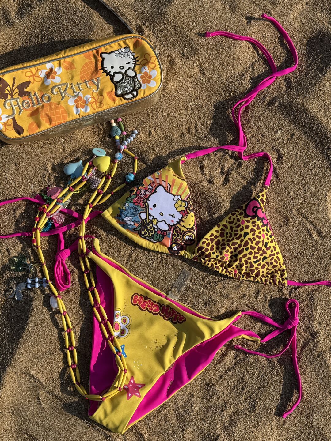 Hellokitty Yellow Leopard Print Halter Tie Side Triangle Bikini Set