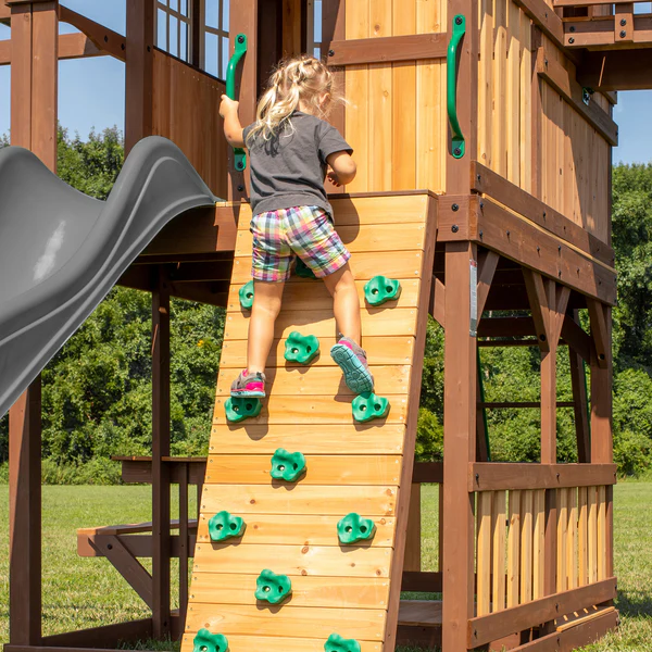 Skyfort II Cedar Wood Swing Set with Wave Slide, Clubhouse, Crow's Nest, and Monkey Bars