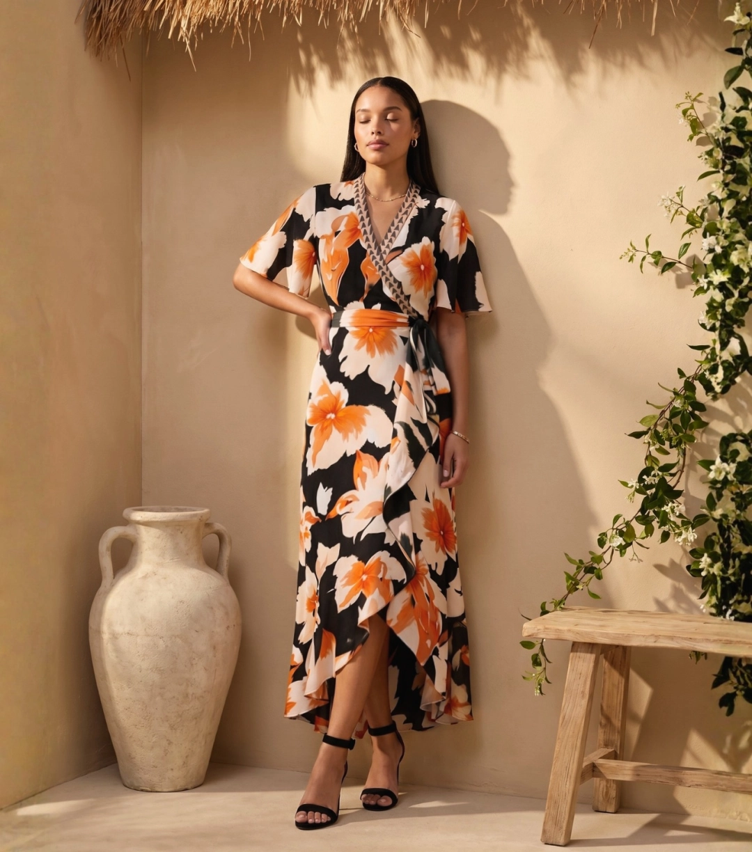 Orange Floral Print Flutter Sleeve Belted Wrap Ruffle Midi Dress
