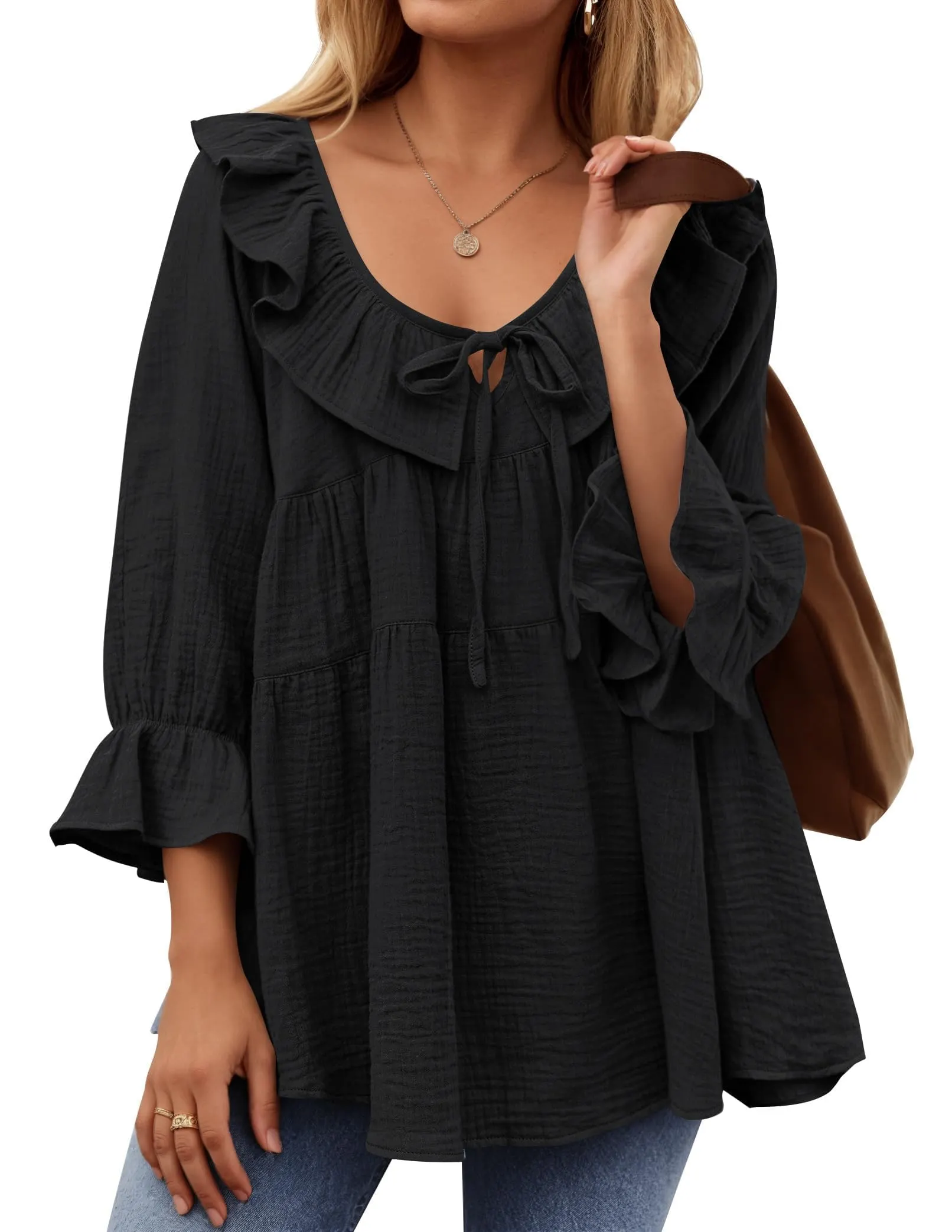 Ruffle Tie Neck Peplum Blouse