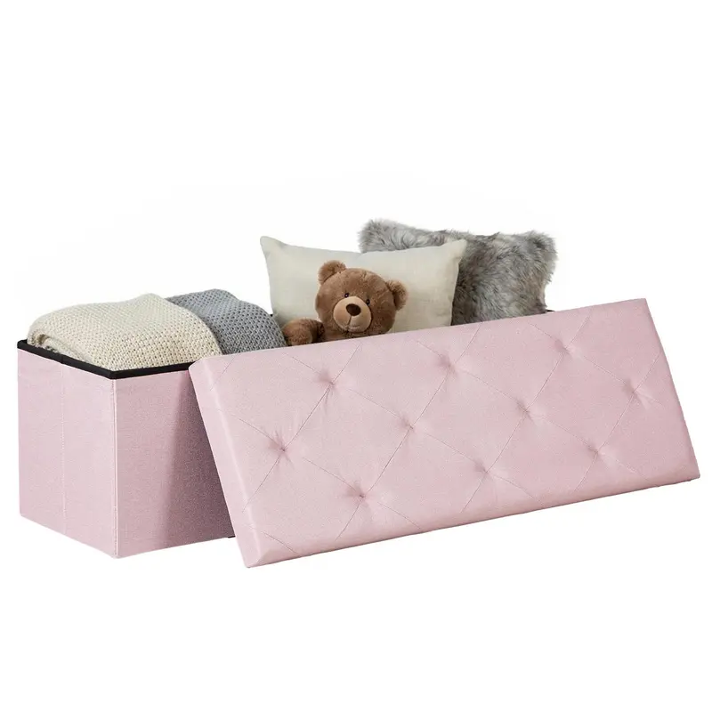 Folding Storage Ottoman Bench Modern Linen Fabric Padded Seat Large Toy Box End of Bed Entryway Comfortable Durable Multifunctional Seater