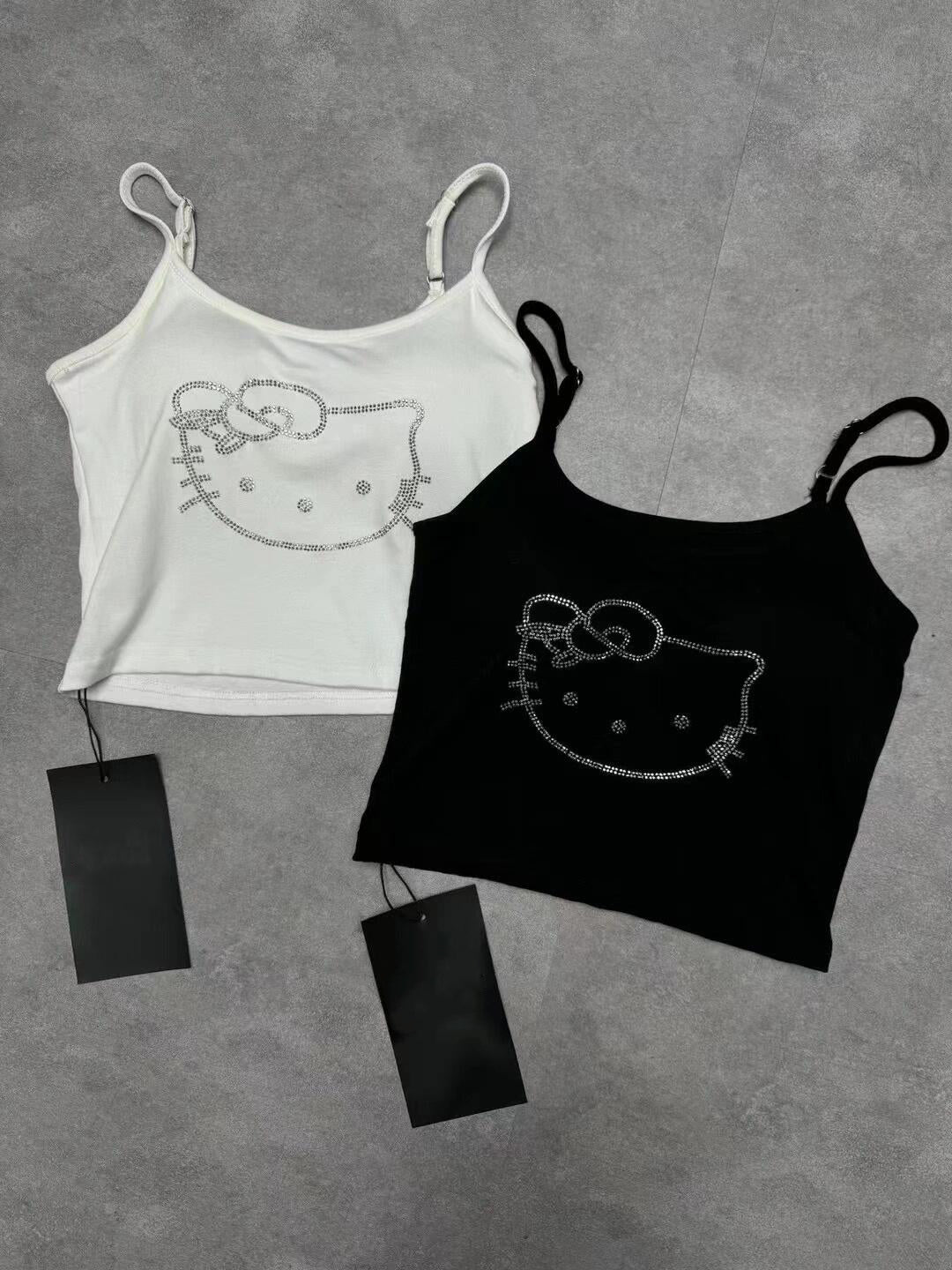 Hellokitty Rhinestone Camisoles Tops with Built in Padded Bra Tank Top