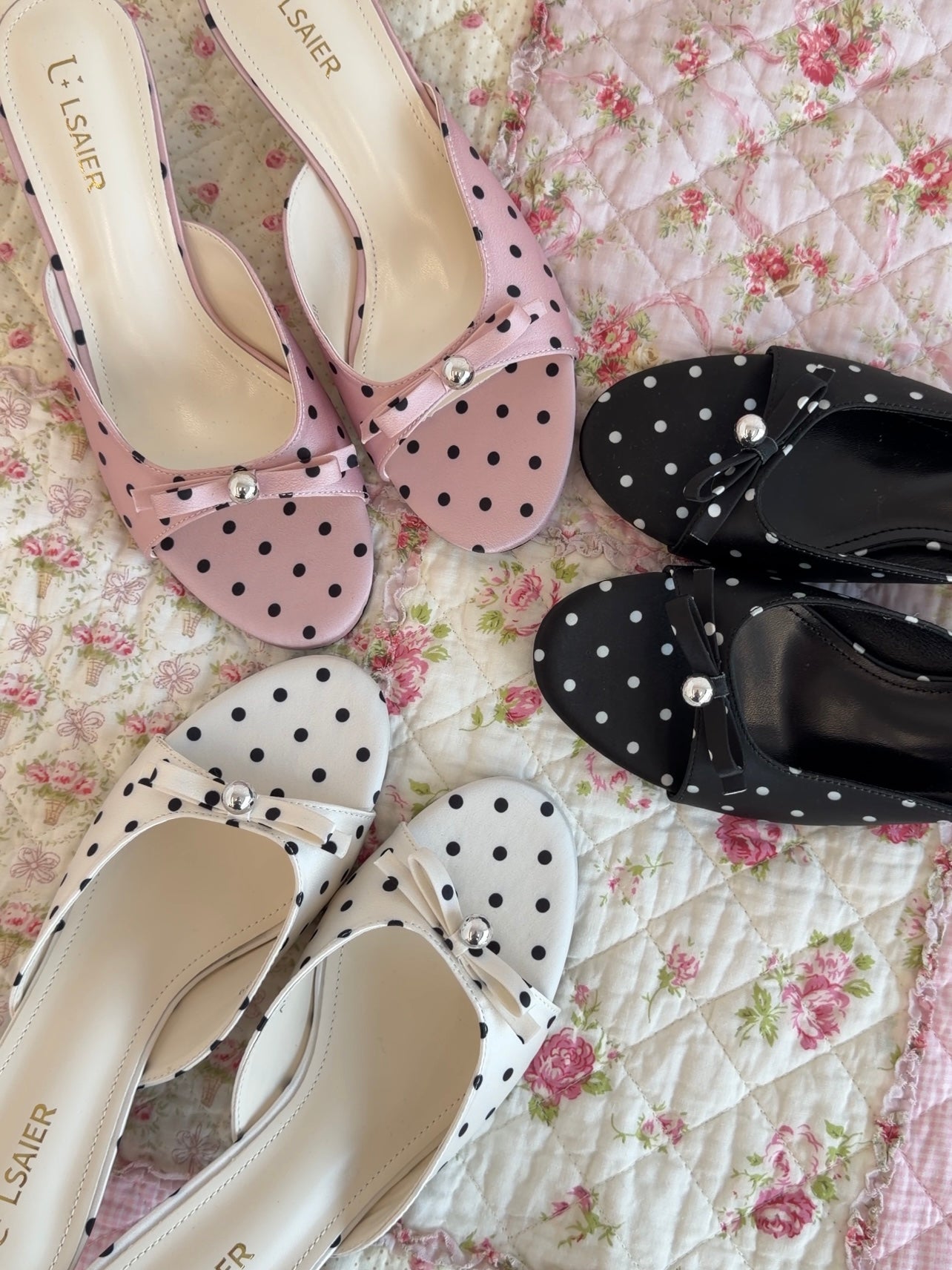Girly Bow Polk Dot Kitten Heel Sandals Slip On Slides Mule Sandal Open Toe Dress Shoes