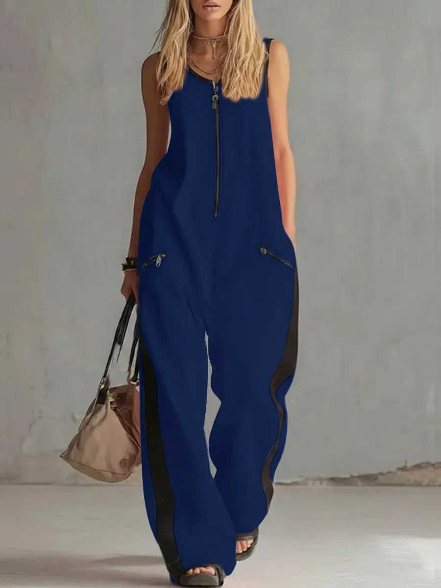 Women's Contrast Color Sleeveless Jumpsuit - Sporty Wide Leg with Zipper Detail (S-2XL)