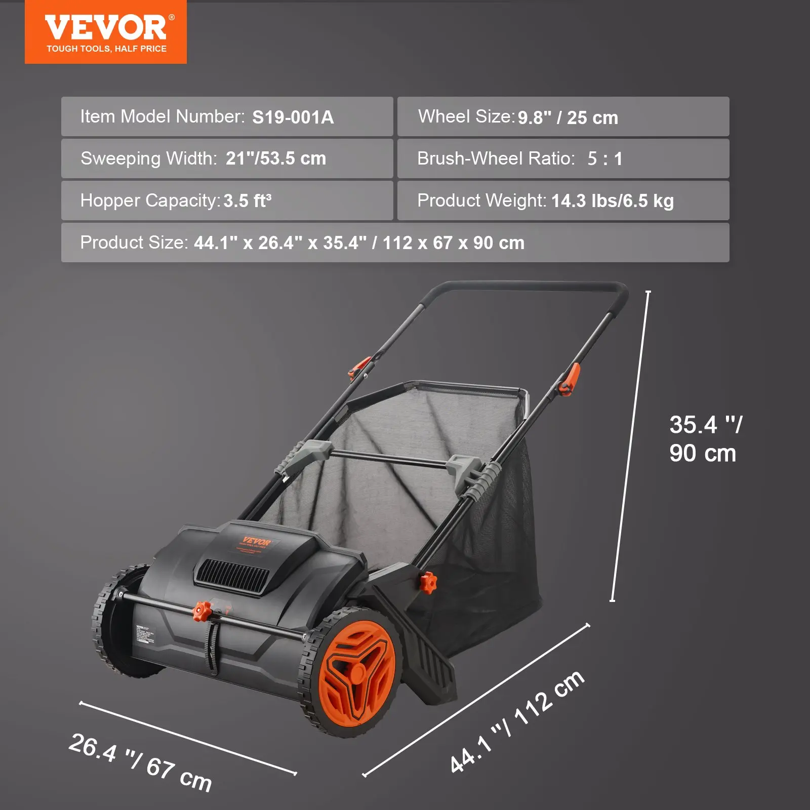 21‑Inch Push Lawn Sweeper Leaf & Grass Collector Tool, 3.5 cu.ft Mesh Hopper Bag, 2 Spinning Brushes, Adjustable Handle for Leaf Cleanup, Wall‑Hangable