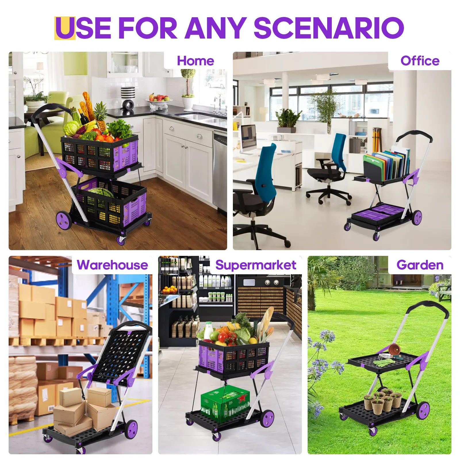 2‑Basket Collapsible Utility Trolley Cart