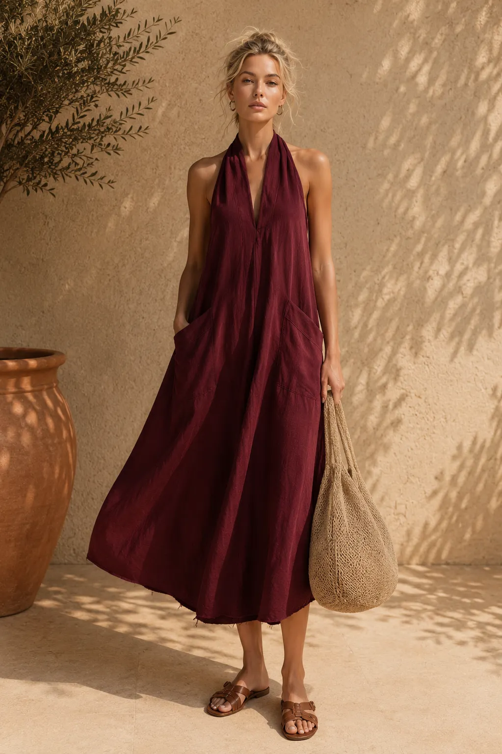 Halter Neck A-Line Linen Blend Maxi Dress