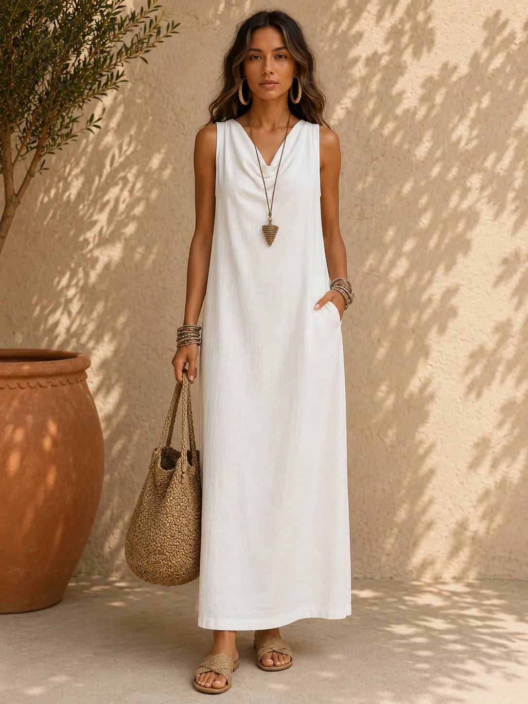Sleeveless Draped Neck Maxi Dress