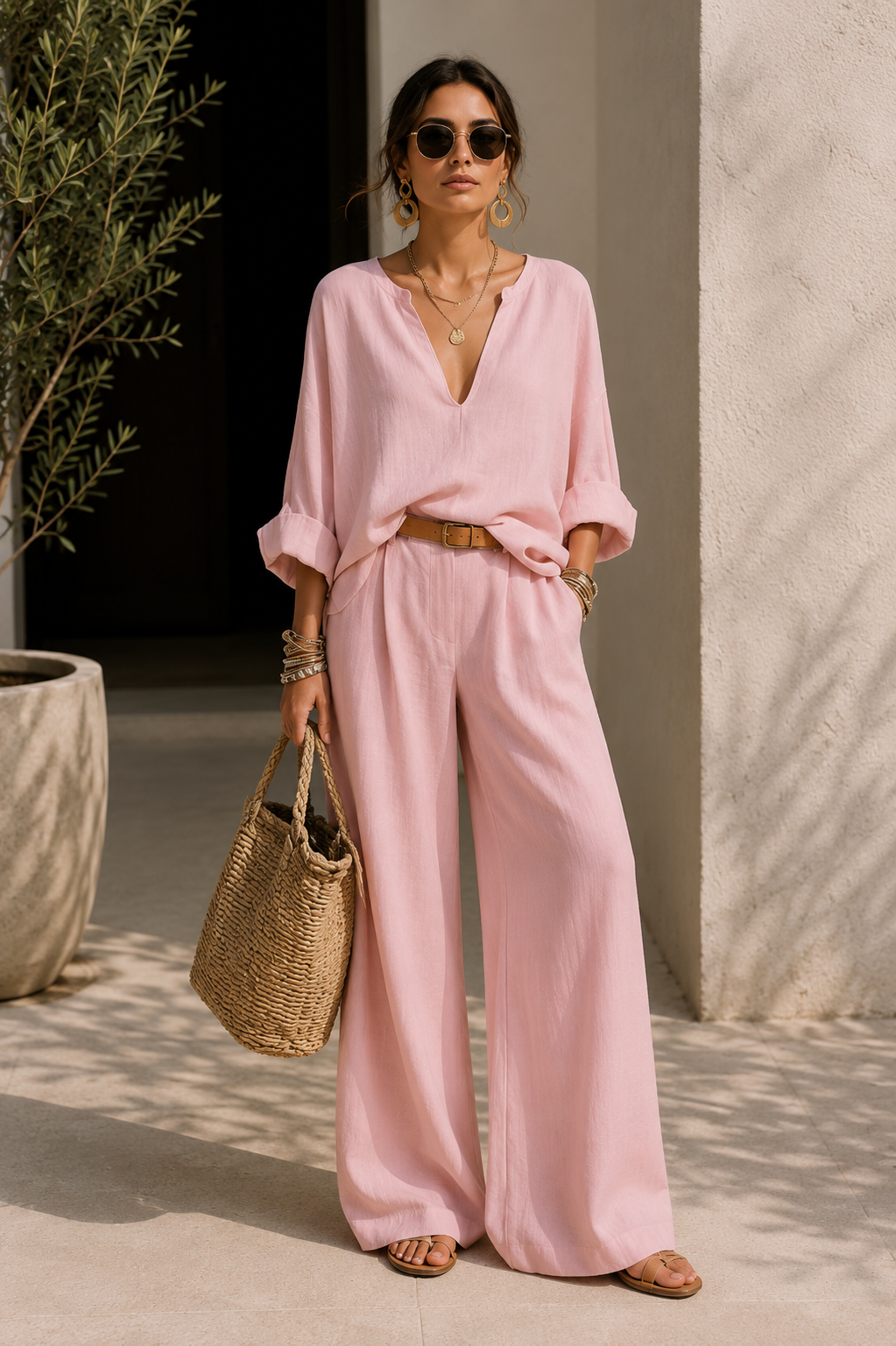 Relaxed V-Neck Blouse & Wide Leg Pants Set